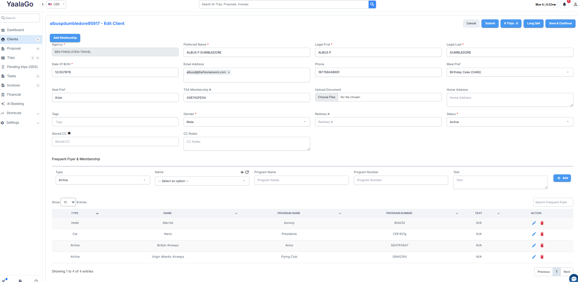 Client profile — passports, FFNs, loyalty